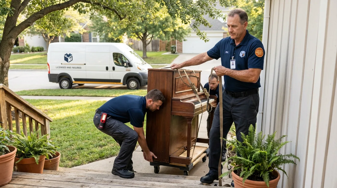 Licensed piano movers securing grand piano in Johnstown, OH