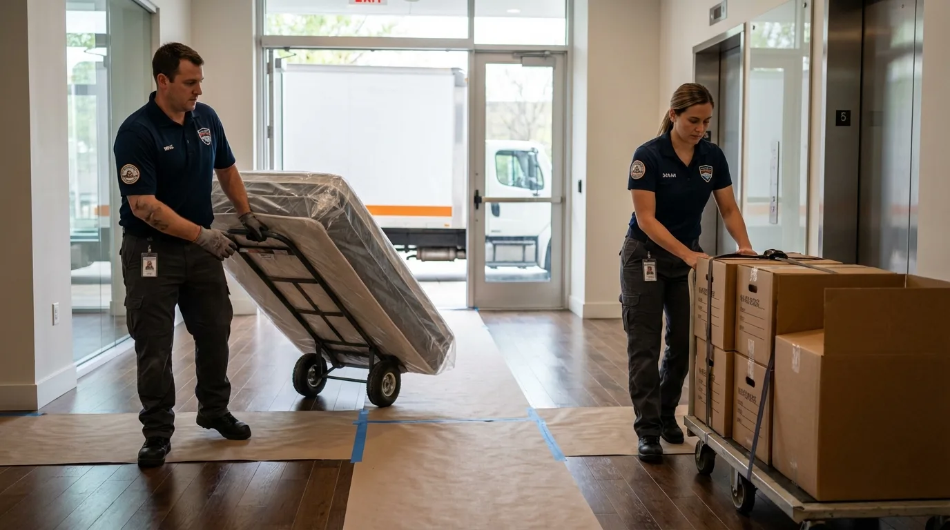 Professional apartment movers loading elevator in Johnstown, OH